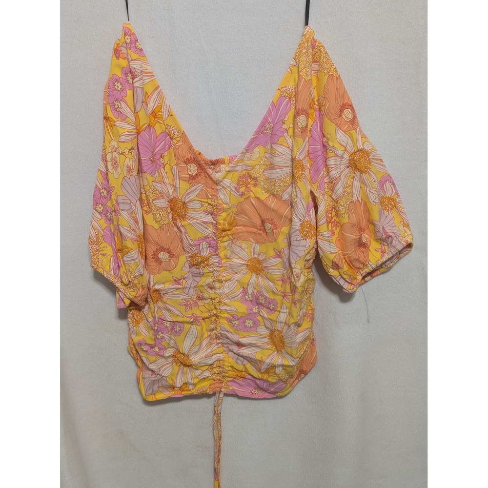 H&M Yellow Floral Ruched Front Puff Sleeve Smocked Back Blouse Size M